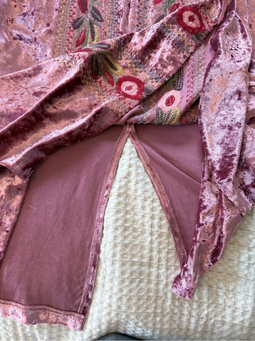 Orange Creek Floral Embroidered Crushed Velvet Dress S Mauve Midi Boho Flapper - Picture 6 of 13